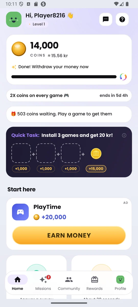 The Earnly home screen, showing a coin balance with its value in money and the ways to earn
